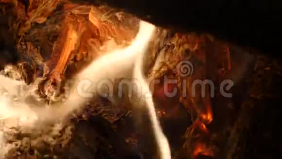 篝火中明亮燃烧的木头在火中燃烧木头和煤视频的预览图