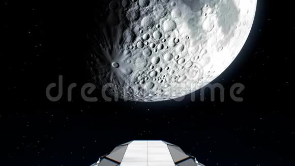 目的地月亮巨型飞船飞向地球的天然卫星引擎闪烁三维动画纹理视频的预览图