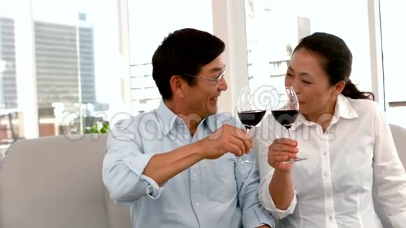 可爱的情侣约会时拿着红酒杯视频的预览图