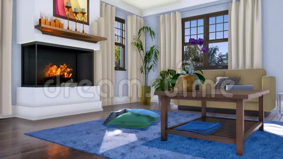 舒适客厅室内3D现代化壁炉视频的预览图