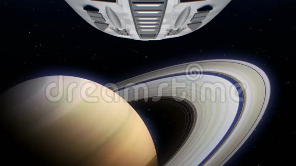 外星飞船正在接近土星明亮的引擎闪烁三维动画地球的纹理是在视频的预览图