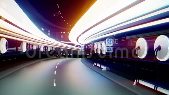 未来派飞车与未来派警察在科幻隧道可循环使用视频的预览图