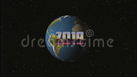 闪亮的复古80年代90年代风格2019年新年文字飞进飞出在星空地球地球VHS效果动画视频的预览图