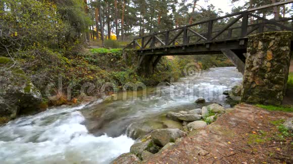 在西班牙塞戈维亚的一个雨天在博卡德尔阿斯诺自然公园的埃雷斯马河的一座古老的木桥下流动的水视频的预览图