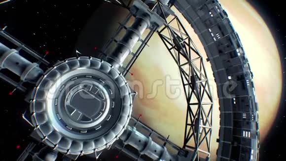 以金星为背景太空飞船飞进巨大的太空火炬门引擎灯闪烁三维动画视频的预览图