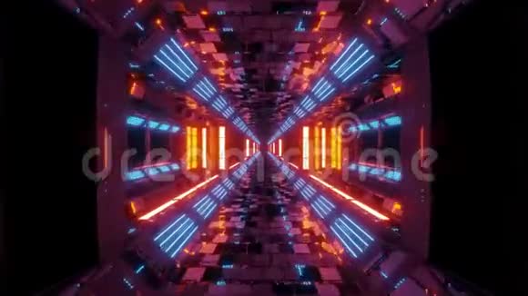 未来感空间飞机库隧道走廊三维插图与砖块纹理和玻璃窗运动背景视频的预览图