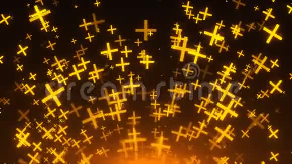 许多金色十字架在太空中三维渲染背景金色粒子爆炸电脑生成视频的预览图