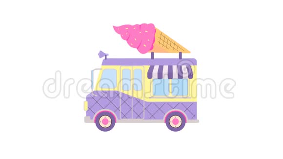 卡通明亮的卡车和粉红色冰淇淋锥从上面纯平风格的可爱镜头嘟嘟食品的概念动画阿尔法频道视频的预览图
