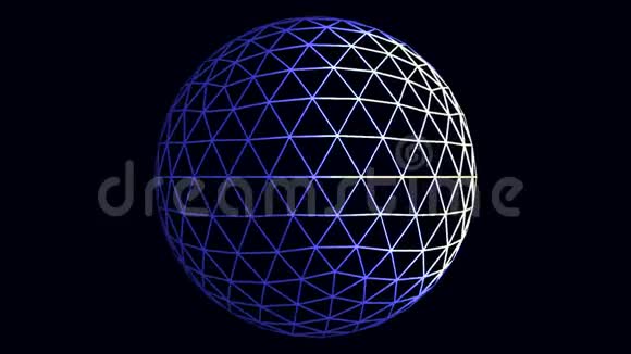 白色和蓝色旋转球体动画在黑色背景上无缝循环霓虹灯形成的旋转透明球视频的预览图
