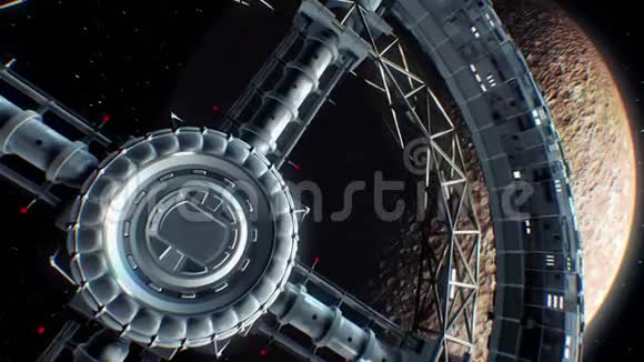 背景上的水银太空飞船飞进巨大的太空火炬门引擎灯闪烁三维动画视频的预览图