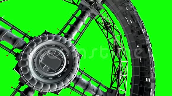 绿色屏幕宇宙飞船飞进巨大的空间火炬门和闪烁引擎灯三维动画视频的预览图