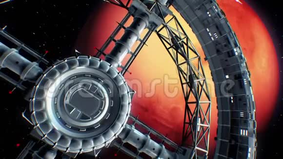 火星在背景上太空飞船飞进巨大的太空火炬门引擎灯闪烁三维动画视频的预览图