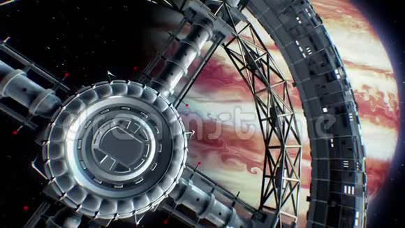 以木星为背景太空飞船飞进巨大的太空火炬门引擎灯闪烁三维动画视频的预览图