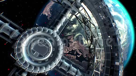 背景上的地球宇宙飞船飞入巨大的空间环面引擎灯光闪烁3d纹理视频的预览图