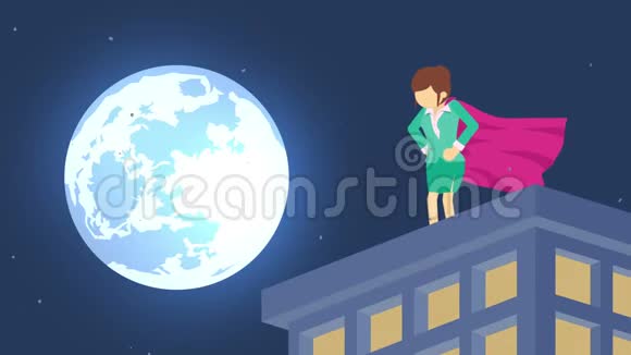月光城的超级英雄站在摩天大楼上空商业女性的象征领导力和挑战理念漫画循环动画视频的预览图