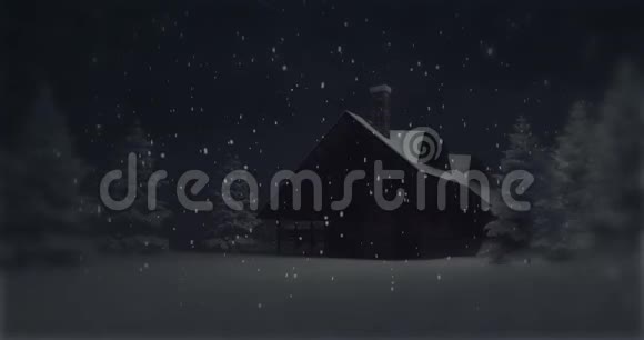 夜晚降雪时在一片雪林中点亮的小屋视频的预览图