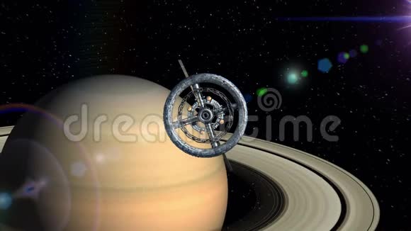 土星的背景通过科幻空间站的大门飞行绿色屏幕三维动画纹理视频的预览图