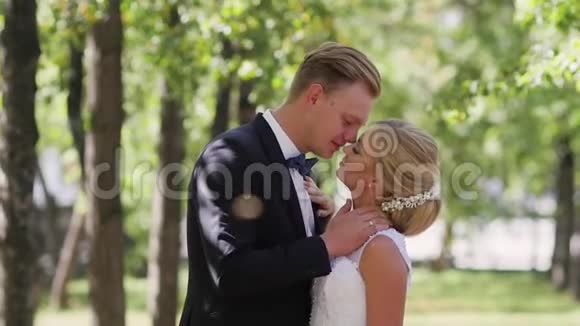 新郎新娘夏天在公园散步亲吻和拥抱视频的预览图