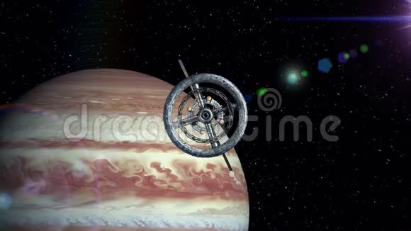以木星为背景通过科幻空间站的大门飞行绿色屏幕三维动画纹理视频的预览图