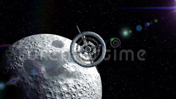 背景上的月亮通过科幻空间站的大门飞行绿色屏幕三维动画纹理视频的预览图