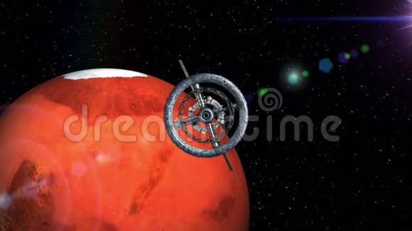 火星在背景上通过科幻空间站的大门飞行绿色屏幕三维动画纹理视频的预览图
