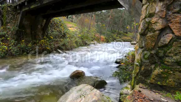 在西班牙塞戈维亚的一个雨天在博卡德尔阿斯诺自然公园的埃雷斯马河的一座古老的木桥下流动的水视频的预览图
