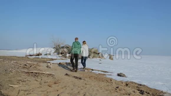 年轻夫妇和狗在海滩上散步春天的海滩雪视频的预览图