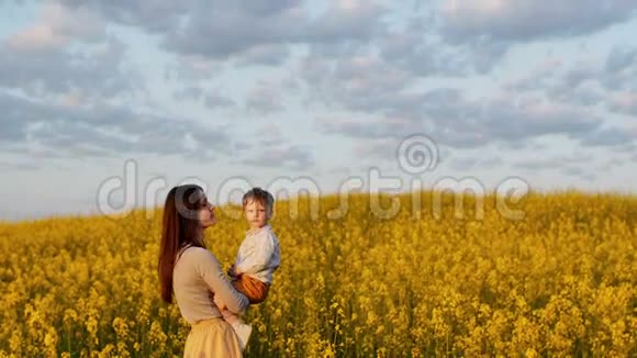 日落时分母亲抱着她的儿子在田野里慢节奏视频的预览图