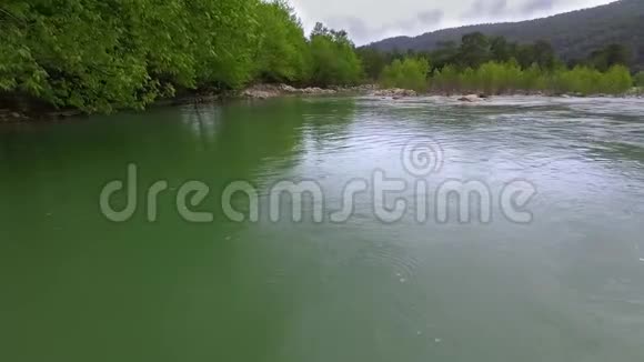 快速移动的河流顶部俯视周围是松树森林视频的预览图