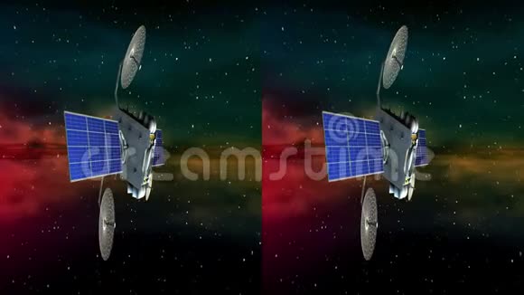 水平变形立体对虚构的人造卫星在抽象空间星云背景下旋转视频的预览图