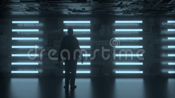 4K动画的人站在一个未来主义的墙前视频的预览图