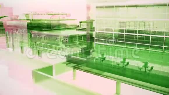 照相机穿过抽象的绿色摩天大楼视频的预览图