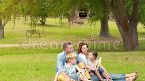 幸福的家庭坐在草地上读书视频的预览图