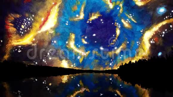 有彩色星系的天空带有湖光倒影的群山中夜空的生动动画水彩效果视频的预览图