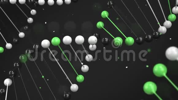 黑色白色和绿色DNA链在黑色背景上的光泽模型视频的预览图