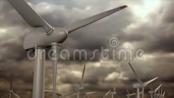 风力发电机农场对抗风暴天空视频的预览图