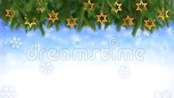 圣诞背景雪花飘落的树枝和星星3D渲染无缝环视频的预览图