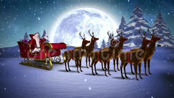 圣诞老人带着驯鹿在雪橇上挥手视频的预览图