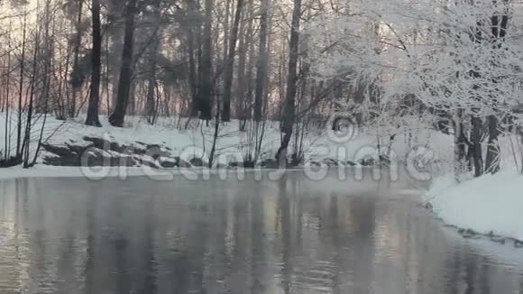 冬季景观冬天的河流和河岸覆盖着雪视频的预览图