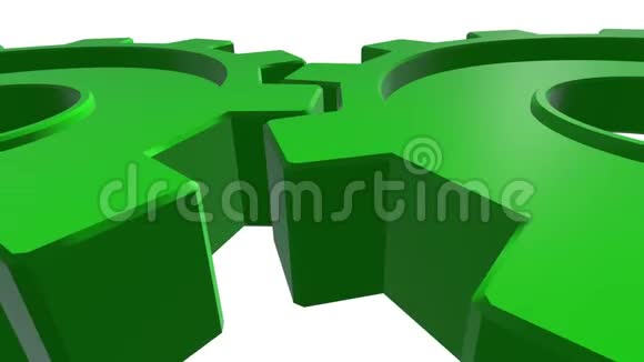 两个齿轮的绿色三维动画白色背景阿尔法频道关门视频的预览图