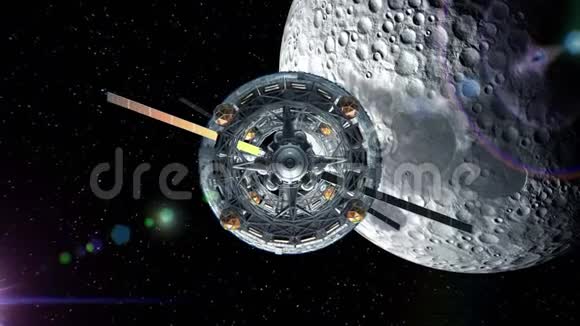 飞行通过门的科幻飞船背景的月亮绿色屏幕三维动画月亮的纹理视频的预览图