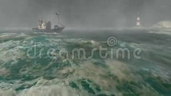 渔船和灯塔在暴风雨的海上视频的预览图