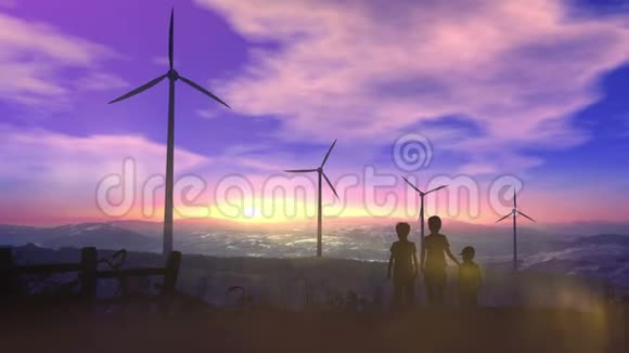日落时观看风力发电厂的儿童视频的预览图