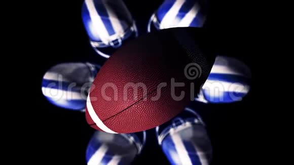 一个橄榄球和蓝白小血球在黑色背景下旋转并围成一个圆圈的抽象动画视频的预览图
