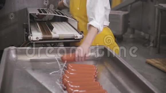 生产香肠工人在一家肉类加工厂操作肉类加工设备视频的预览图