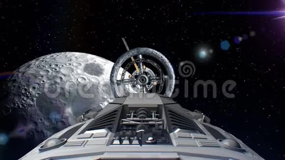 宇宙飞船与脉动引擎飞入太空站门的背景月球三维动画纹理视频的预览图