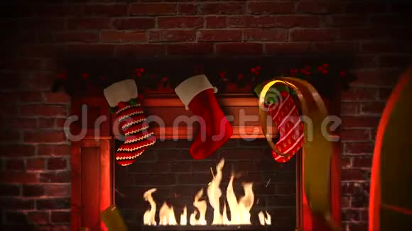 动画特写壁炉圣诞袜的礼物和砖块背景的新年快乐文本视频的预览图