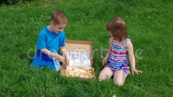 在草地上野餐男孩和小女孩在草地上吃披萨视频的预览图