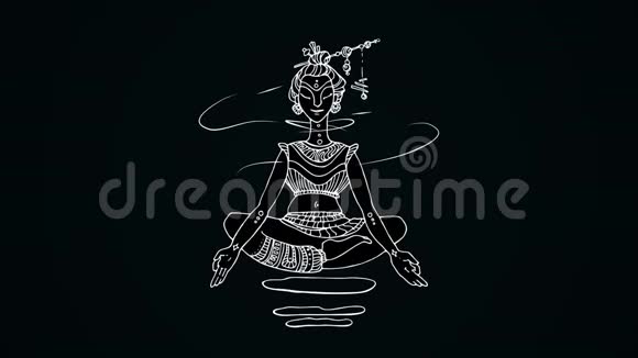 黑色背景下冥想女人的动画印度妇女在莲花位置漂浮的白纹视频的预览图