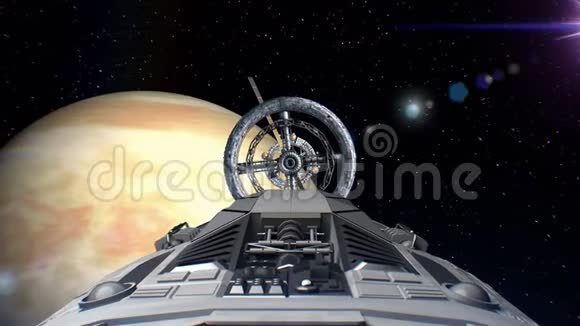 宇宙飞船与脉动引擎飞入太空站门的背景金星三维动画纹理视频的预览图